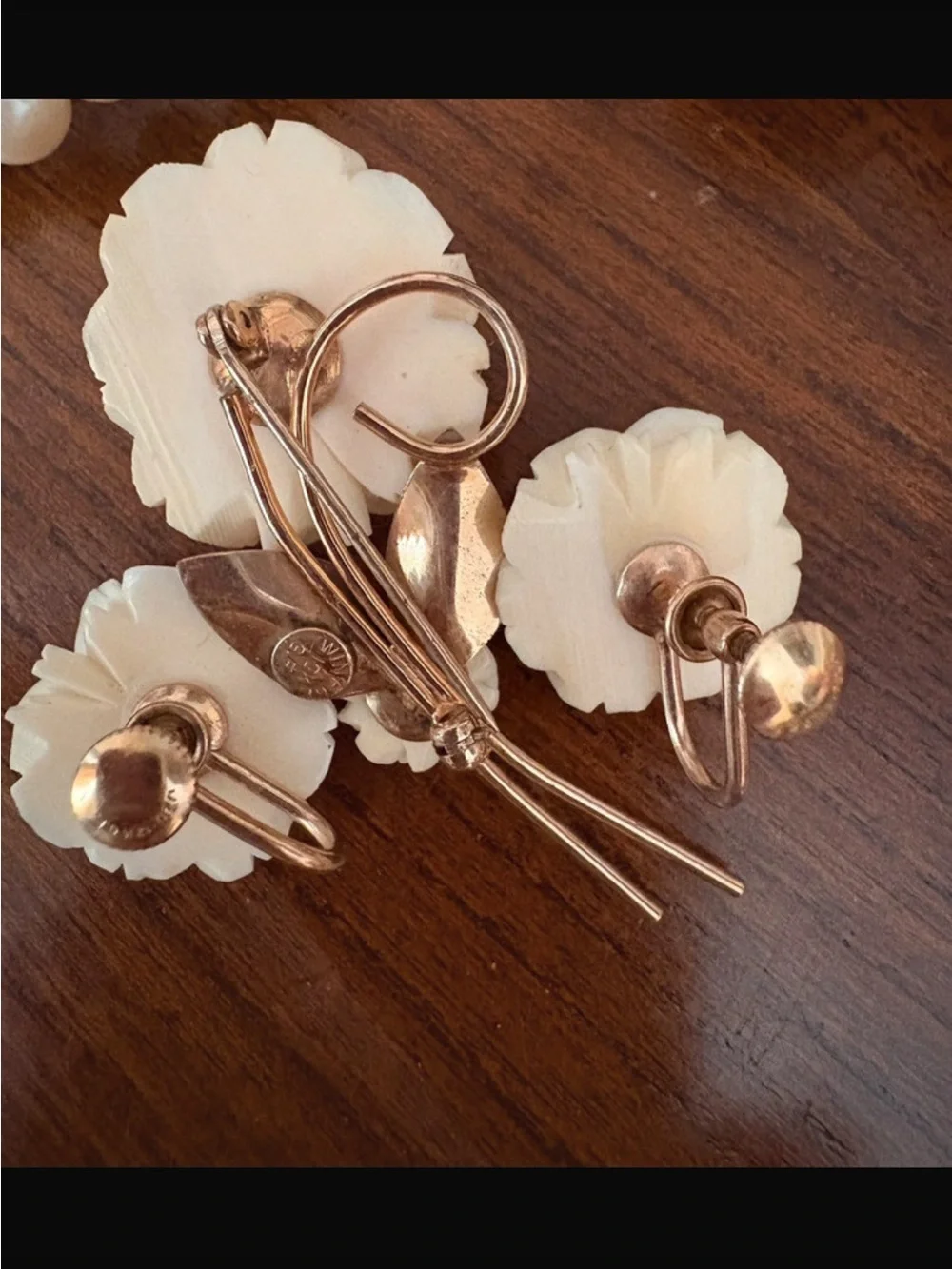 Cream Floral Brooch and Clip Earrings Set with Rose Accents